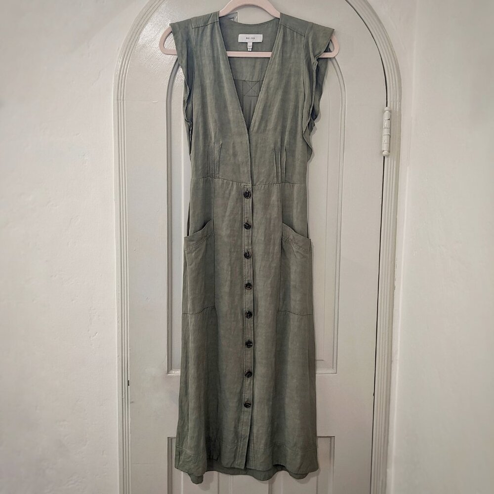 REISS Sage Green Linen Blend Button Front Midi Dress, Sz 2